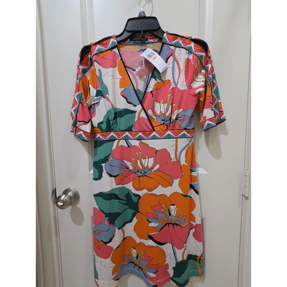 New BCBG Orange and Pink Floral Jersey Dress Size Small